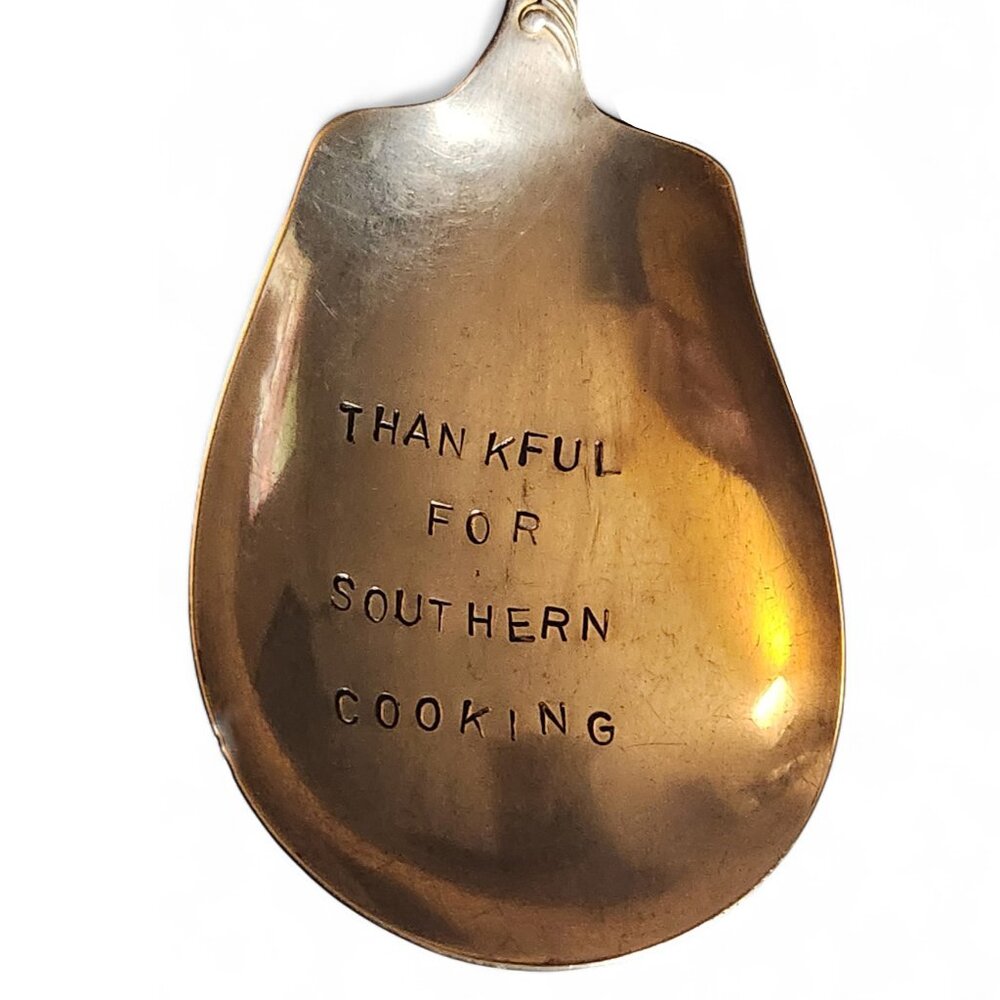 National Silverplate Serving Spoon Engraved "Thankful For Southern Cookings" 8"